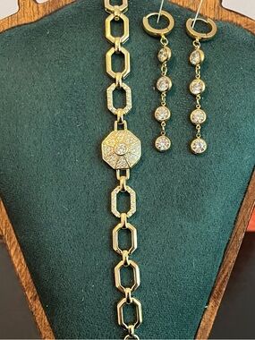 Gold Chain Status Watch-style Bracelet & Drop Earrings Set STUNNING